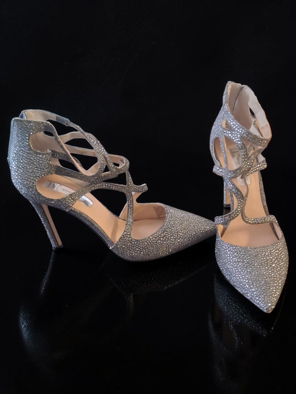 INC International Concepts Silver Glitter Strappy Pointed-Toe Heels - Picture 2 of 8